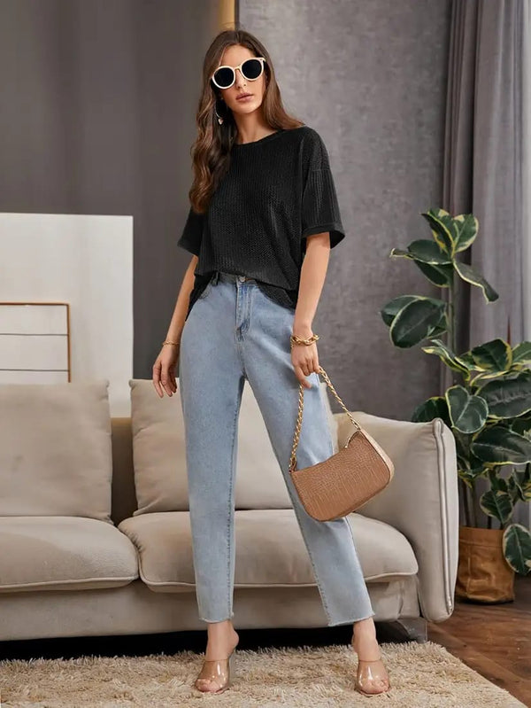 Soxage - 11.11 Sale Premium Oversized Waffle Knitted Tee For Women's - Charcoal