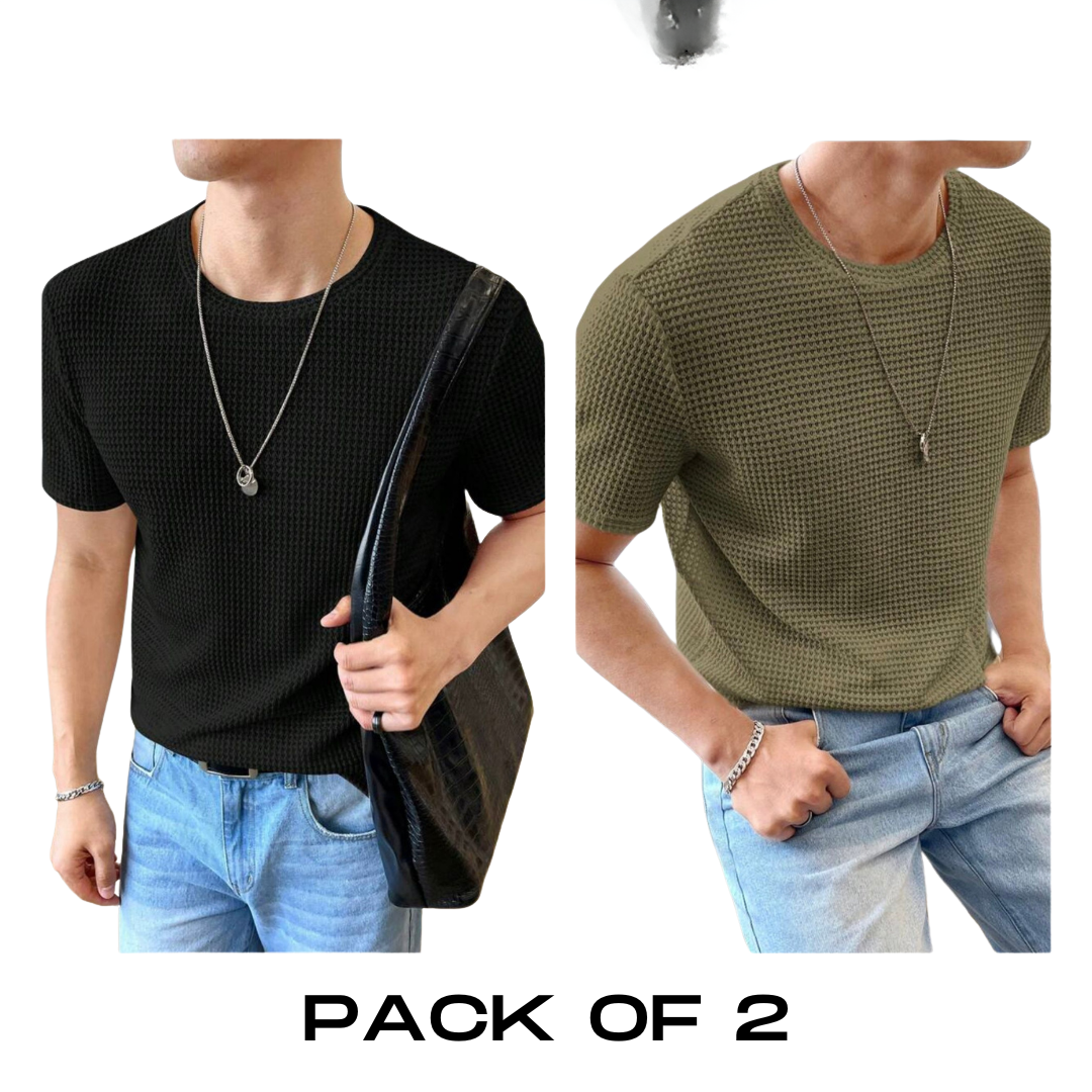 Flash Sale - Half Sleeve Waffle Knitted - Po2 - Black & Olive