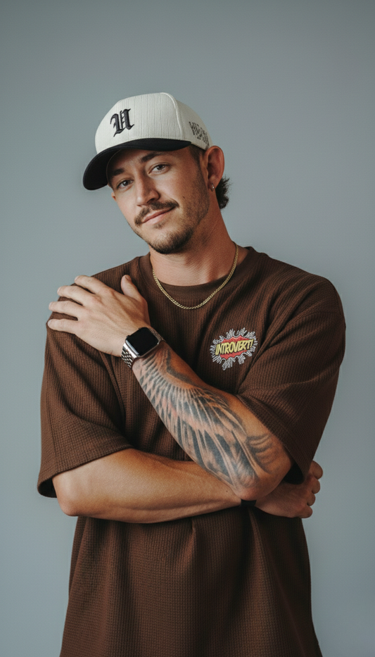 Introvert Waffle Knitted DropShoulder T-Shirt - Brown