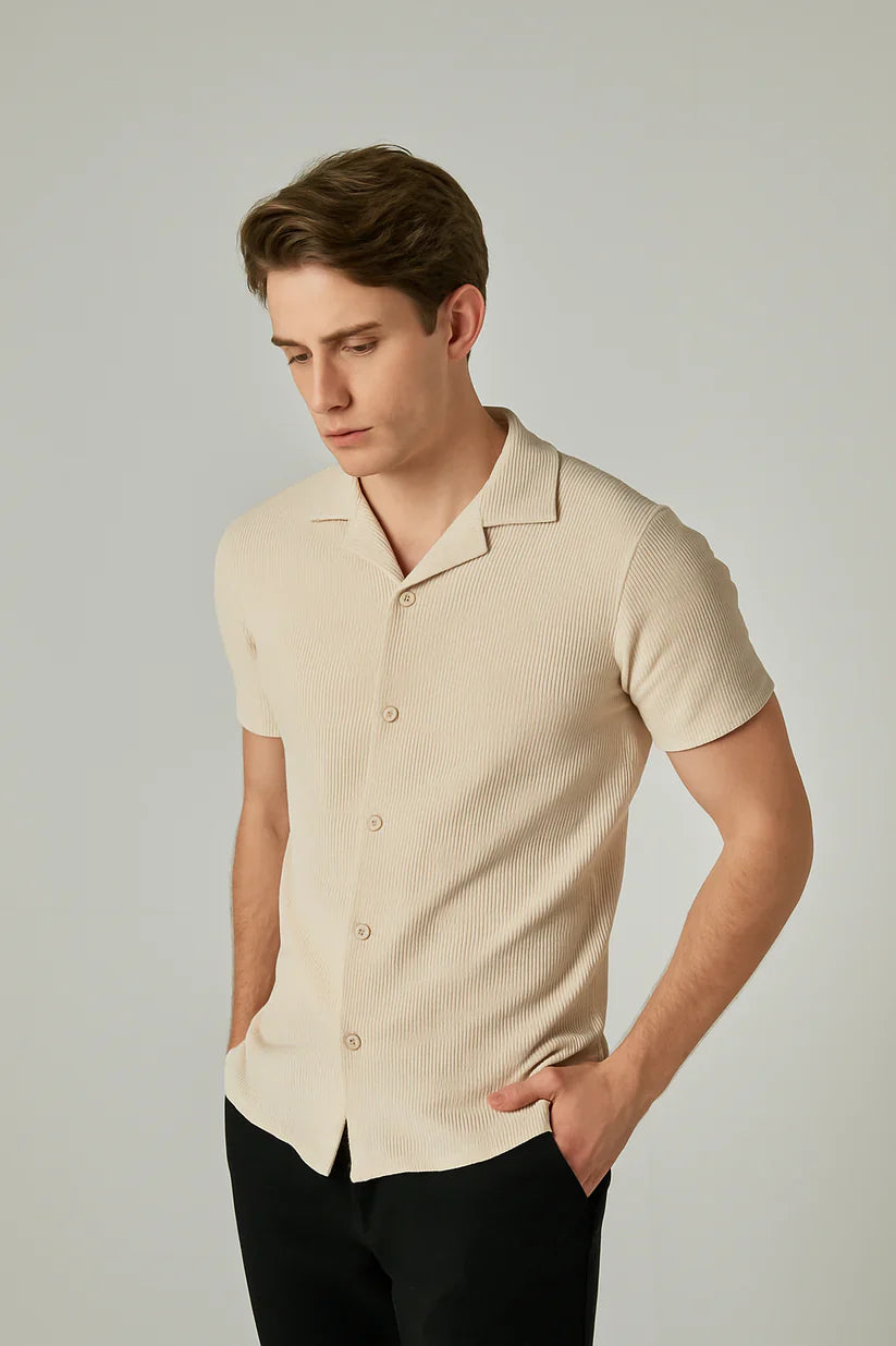 Soxage - Cuban Collar Waffle Knitted Shirt - Beige