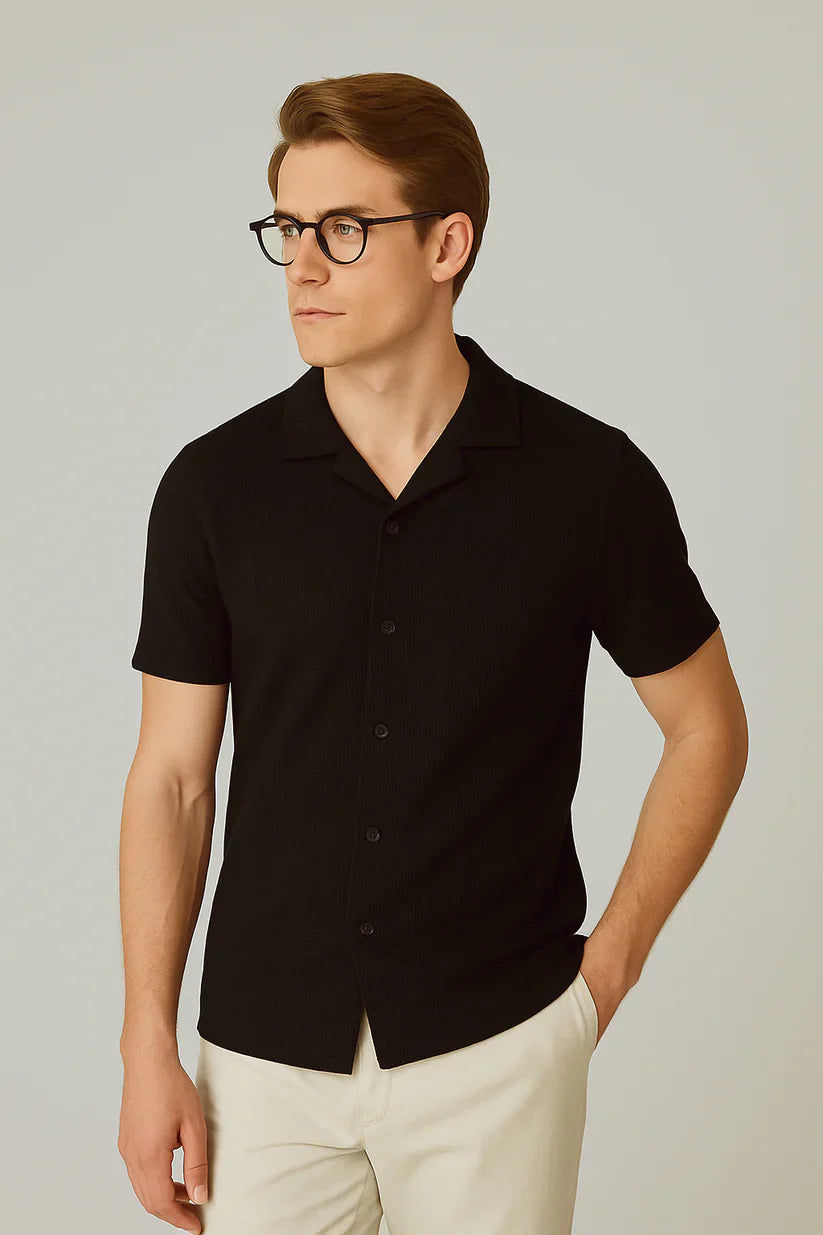 Soxage - Cuban Collar Waffle Knitted Shirt - Black