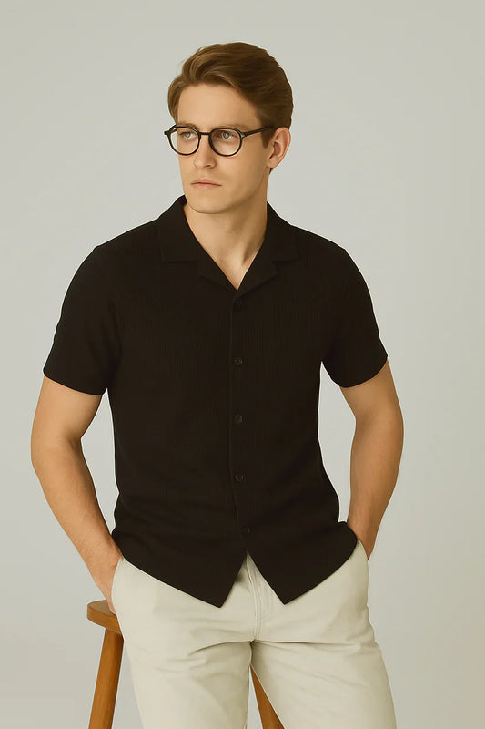 Soxage - Cuban Collar Waffle Knitted Shirt - Black