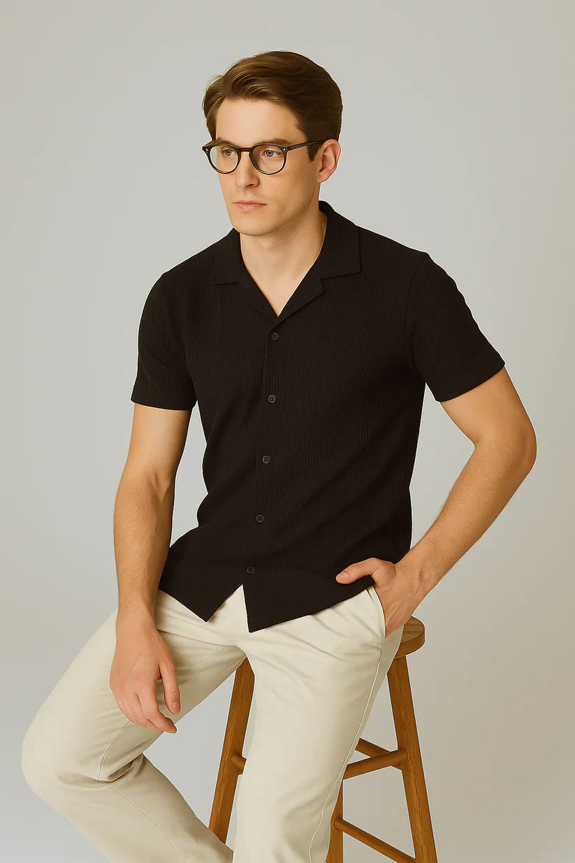 Soxage - Cuban Collar Waffle Knitted Shirt - Black
