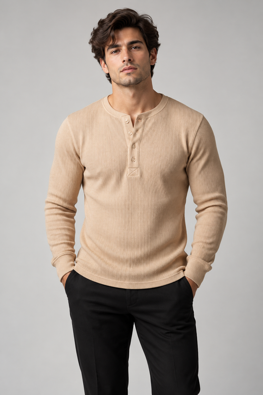 Henley Knitted Full Sleeves Shirt - Beige