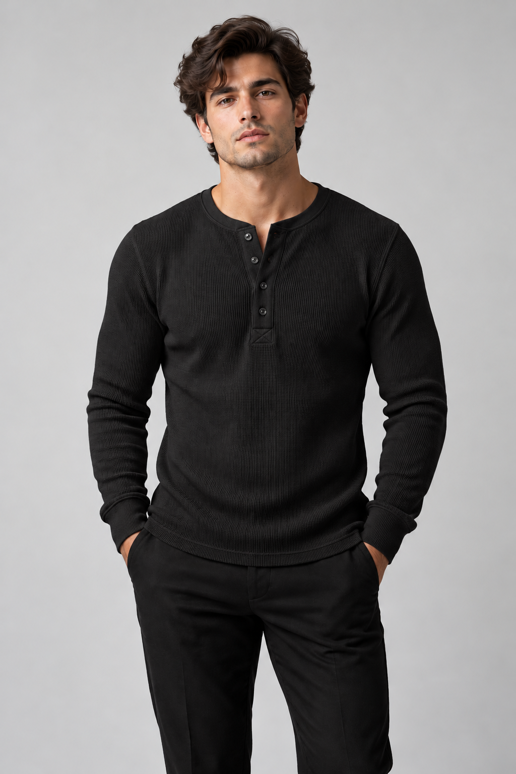 Henley Knitted Full Sleeves Shirt - Black