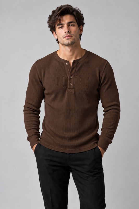 Henley Knitted Full Sleeves Shirt - Brown