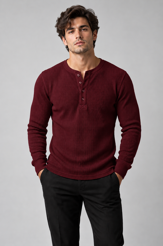 Henley Knitted Full Sleeves Shirt - Maroon