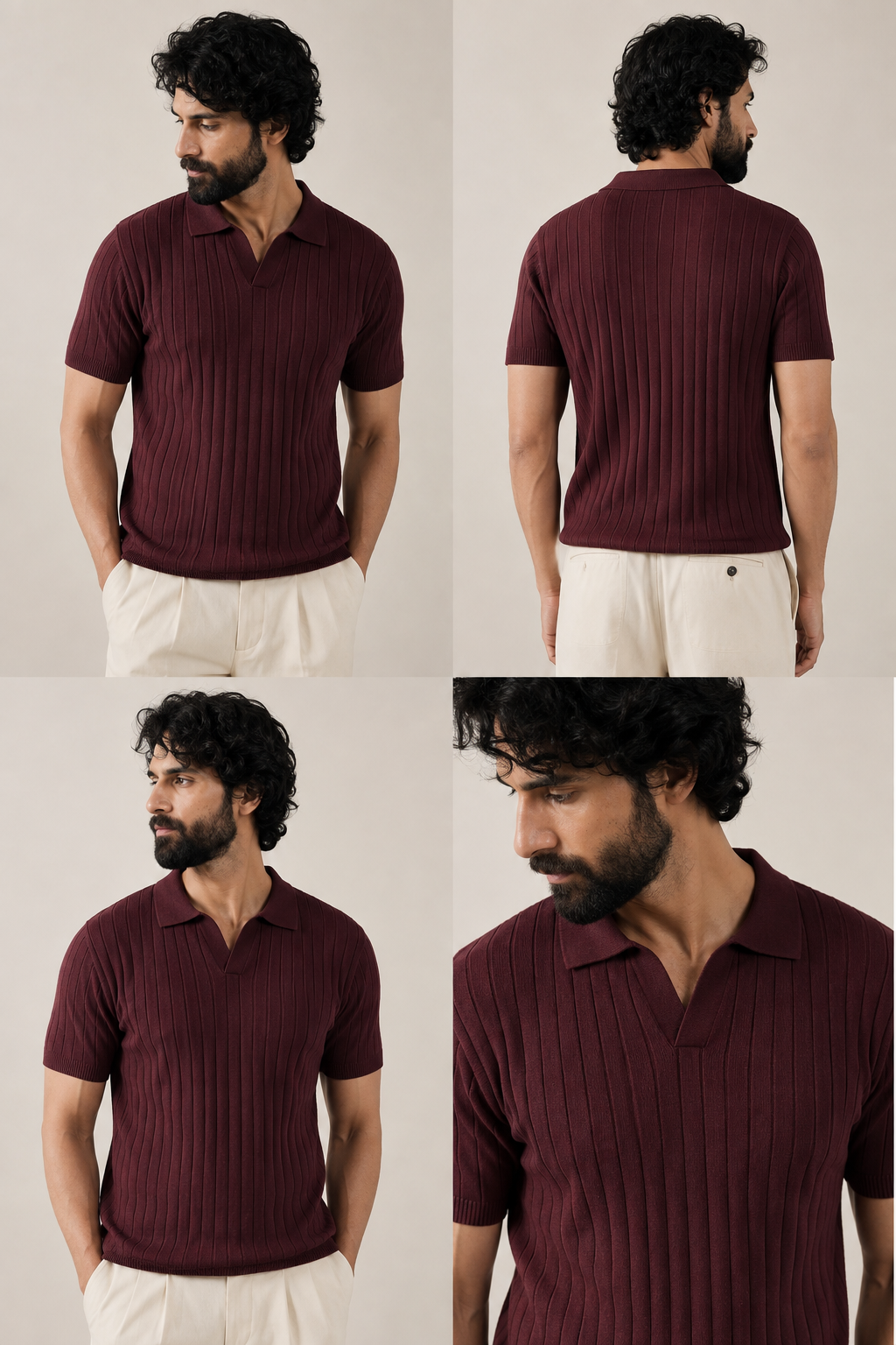 Drop Needle Knit Polo Shirt - Maroon