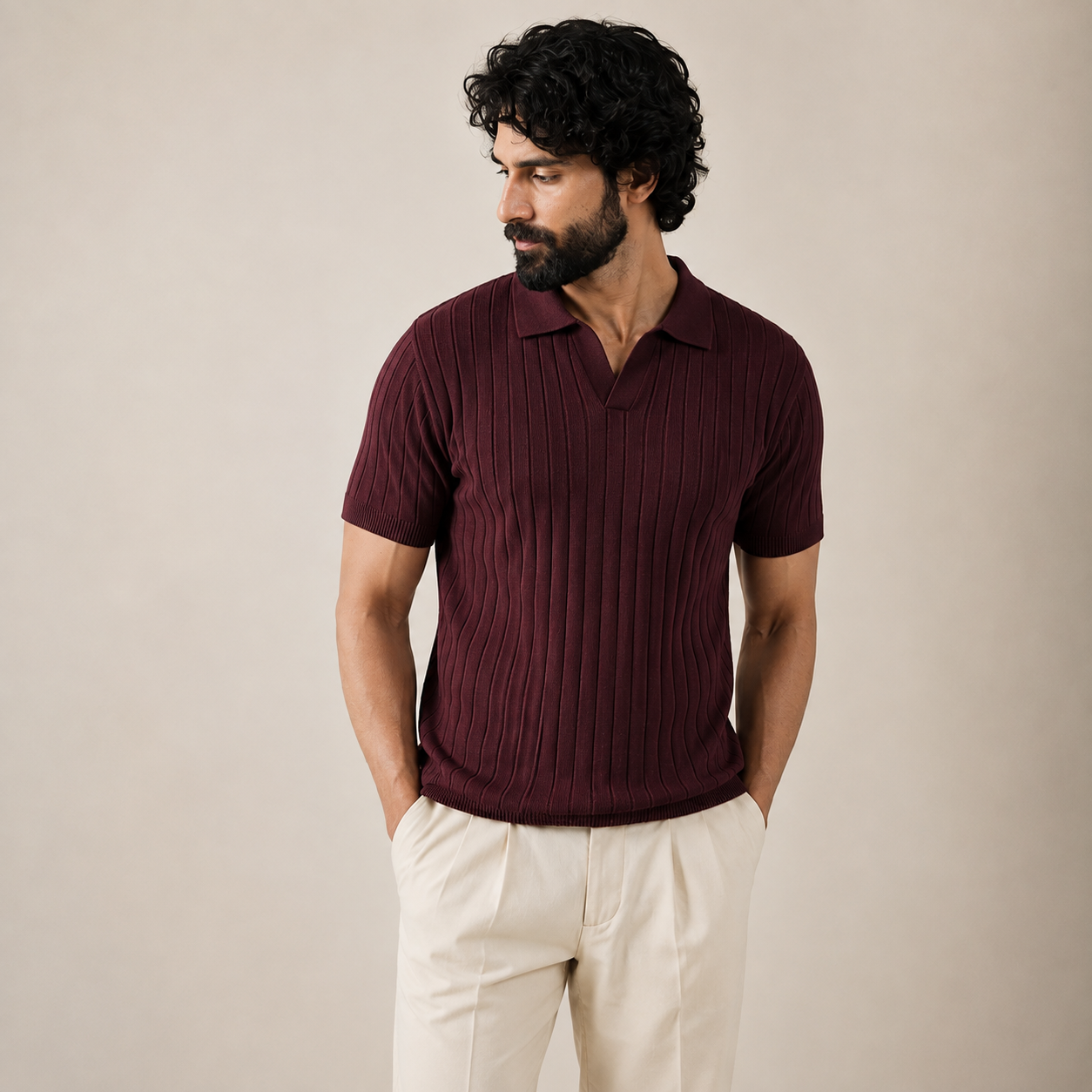 Drop Needle Knit Polo Shirt - Maroon