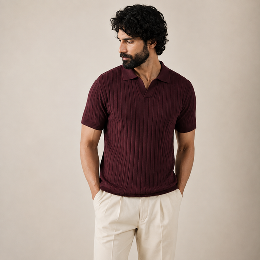 Drop Needle Knit Polo Shirt - Maroon