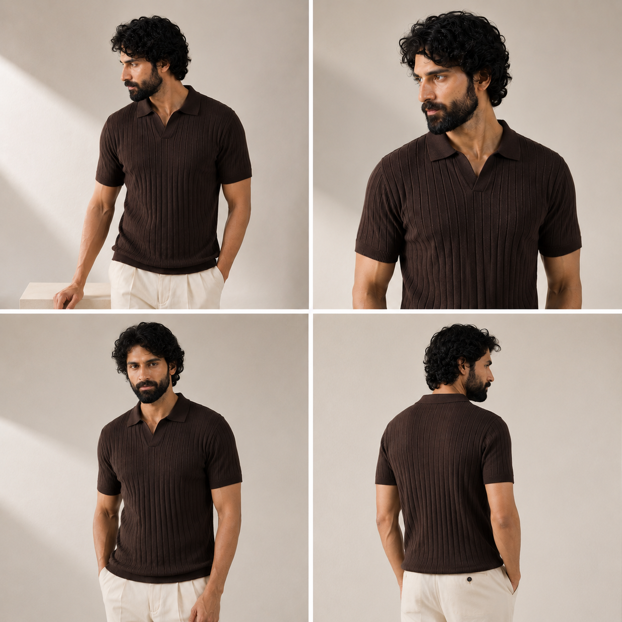 Drop Needle Knit Polo Shirt - Brown