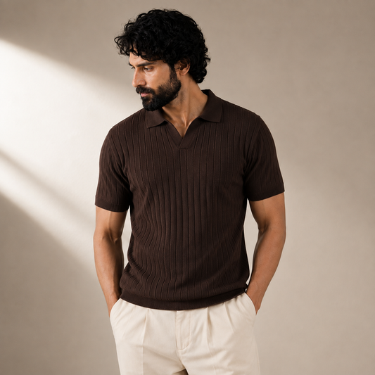 Drop Needle Knit Polo Shirt - Brown