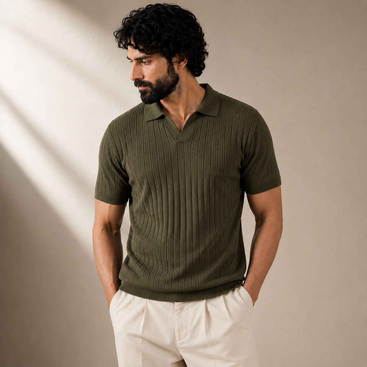 Drop Needle Knit Polo Shirt - OliveGreen