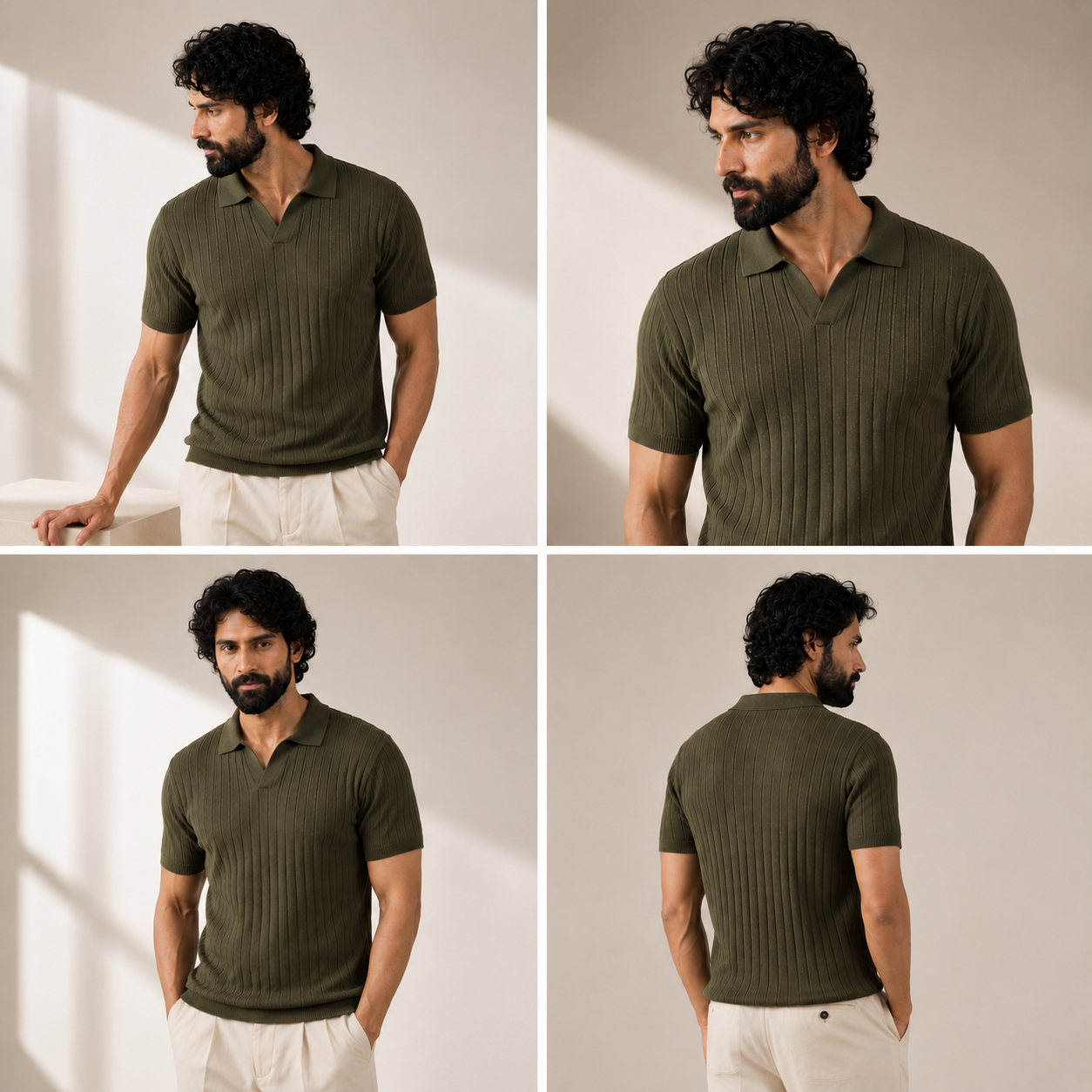 Drop Needle Knit Polo Shirt - OliveGreen