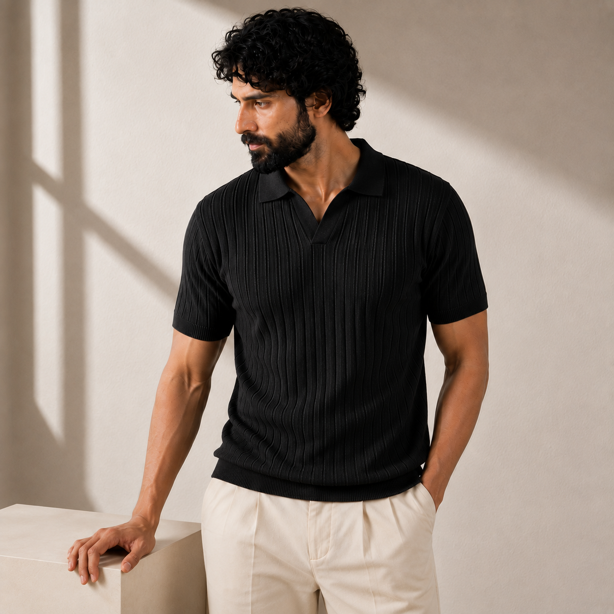 Drop Needle Knit Polo Shirt - Black