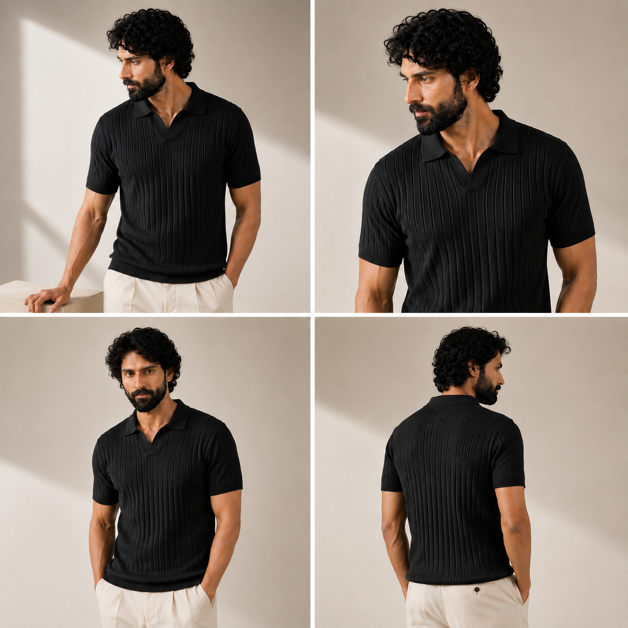 Drop Needle Knit Polo Shirt - Black