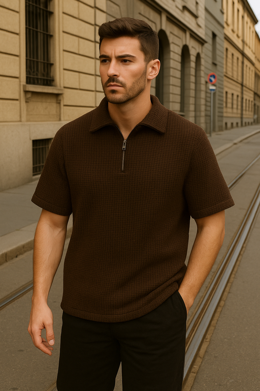 SOXAGE - Waffle Knitted Zipper Polo - Brown