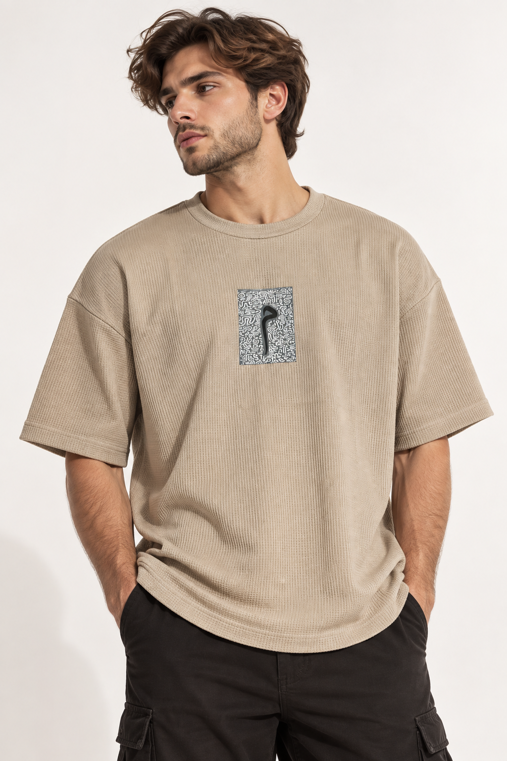 Cipher Waffle Oversized Tee - Beige
