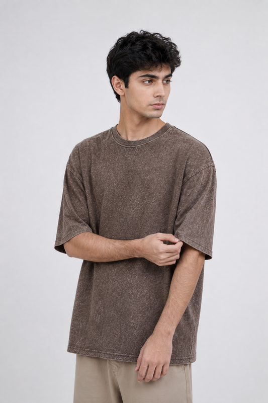 Acid washed DropShoulder tshirt - Brown