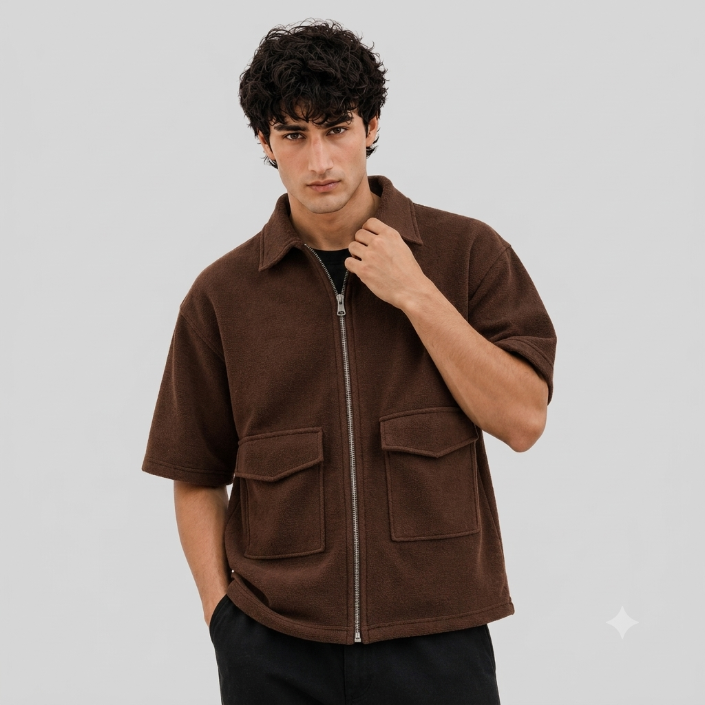 DarkForce Oversized Zipper Shirt - Brown