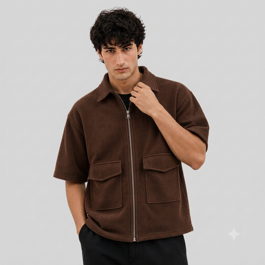DarkForce Oversized Zipper Shirt - Brown