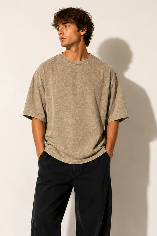 Acid washed DropShoulder tshirt - Beige