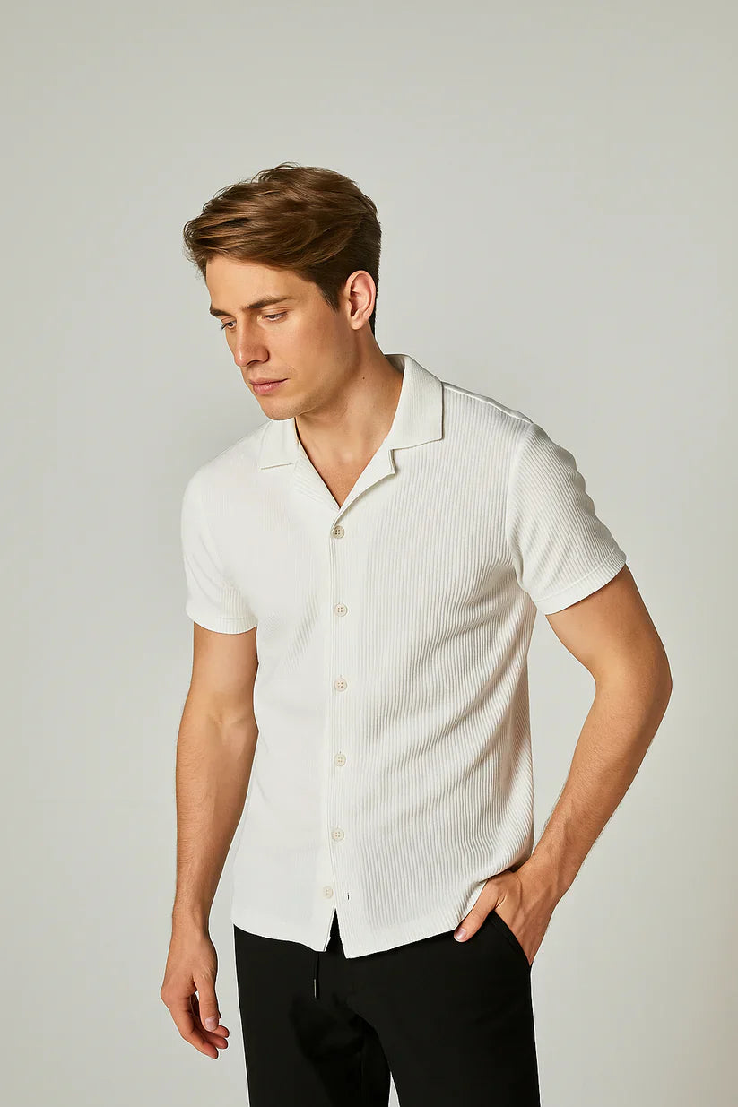 Soxage - Cuban Collar Waffle Knitted Shirt - White