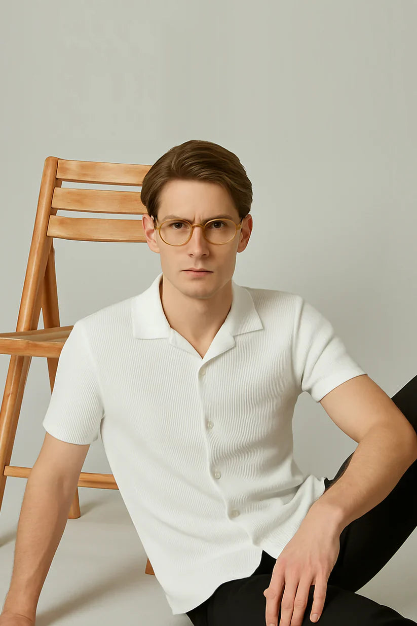 Soxage - Cuban Collar Waffle Knitted Shirt - White