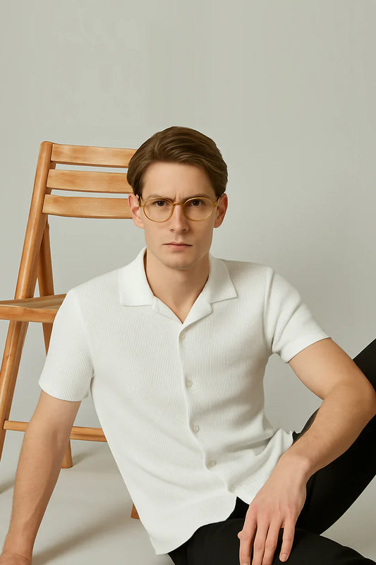 Soxage - Cuban Collar Waffle Knitted Shirt - White