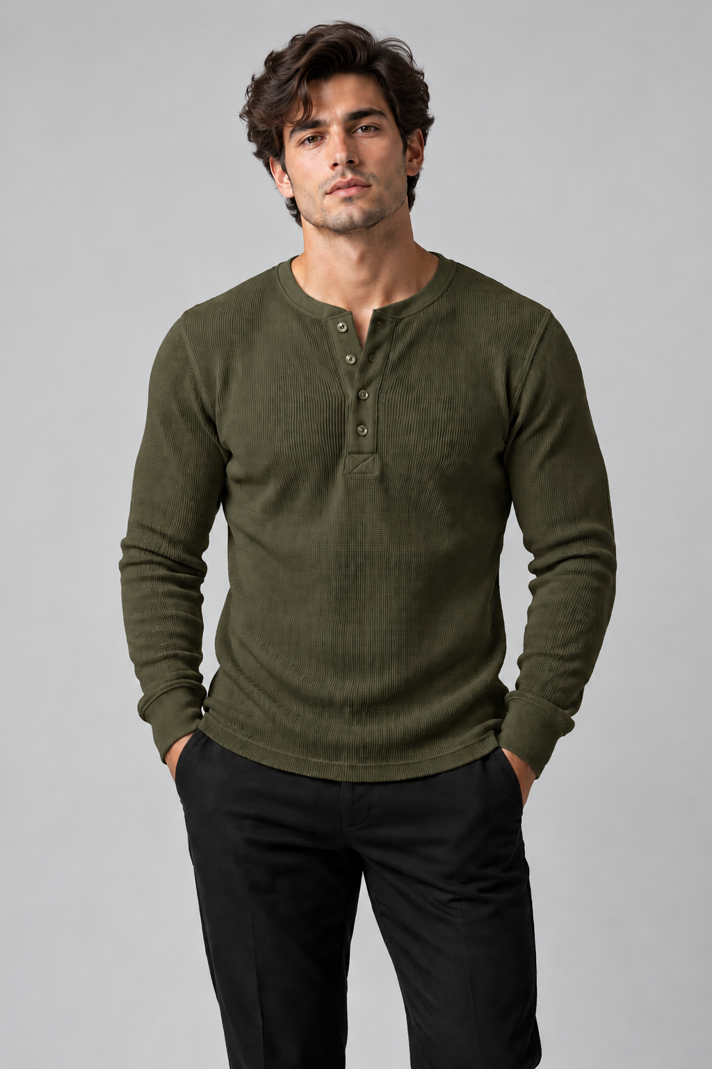 Henley Knitted Full Sleeves Shirt - OliveGreen