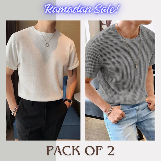 Soxage - Ramadan Sale - Half Sleeves Waffle Knitted tee - White & Grey