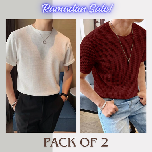 Soxage - Ramadan Sale - Half Sleeves Waffle Knitted tee - White & Maroon