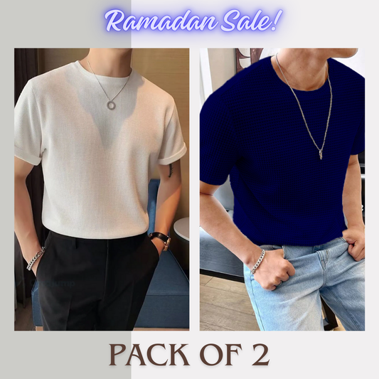 Soxage - Ramadan Sale - Half Sleeves Waffle Knitted tee - White & Navy Blue