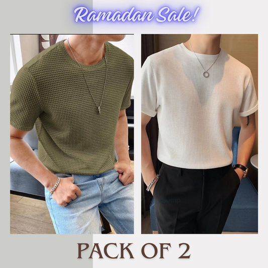 Soxage - Ramadan Sale - Half Sleeves Waffle Knitted tee - White & Olive