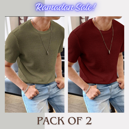 Soxage - Ramadan Sale - Half Sleeves Waffle Knitted tee - Maroon & Olive