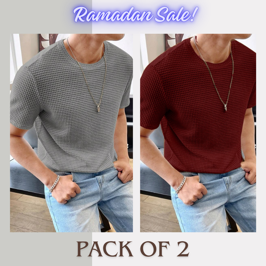 Soxage - Ramadan Sale - Half Sleeves Waffle Knitted tee - Maroon & Grey