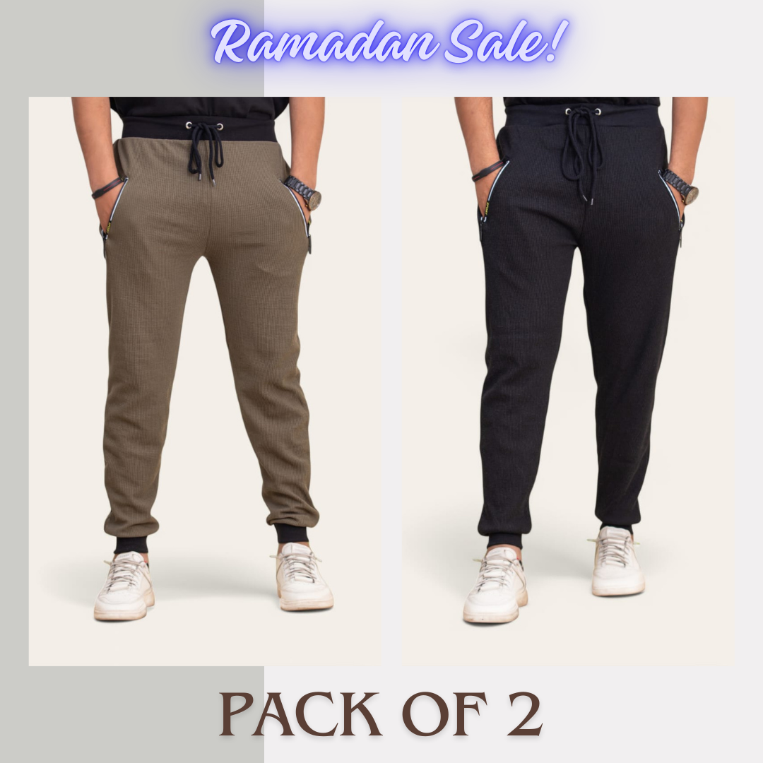 Soxage - Ramadan Sale - Waffle Knitted Pack Of 2 Trousers - Black & Olive