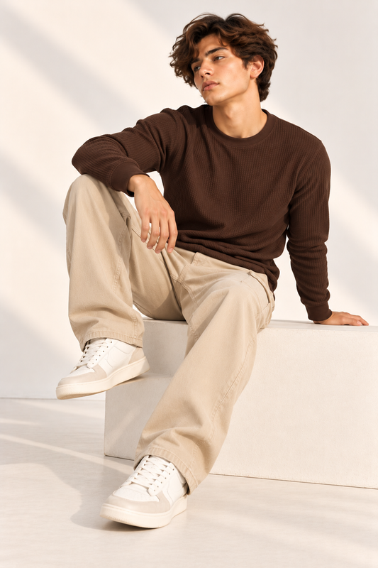 SOXAGE - Premium Full Sleeves Waffle Knit Tee For Men - Brown