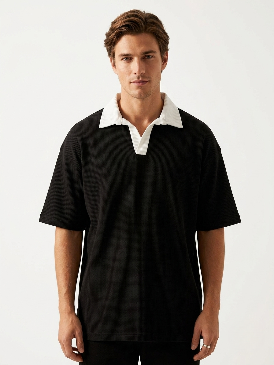 Oversized Waffle Knitted Polo - Black
