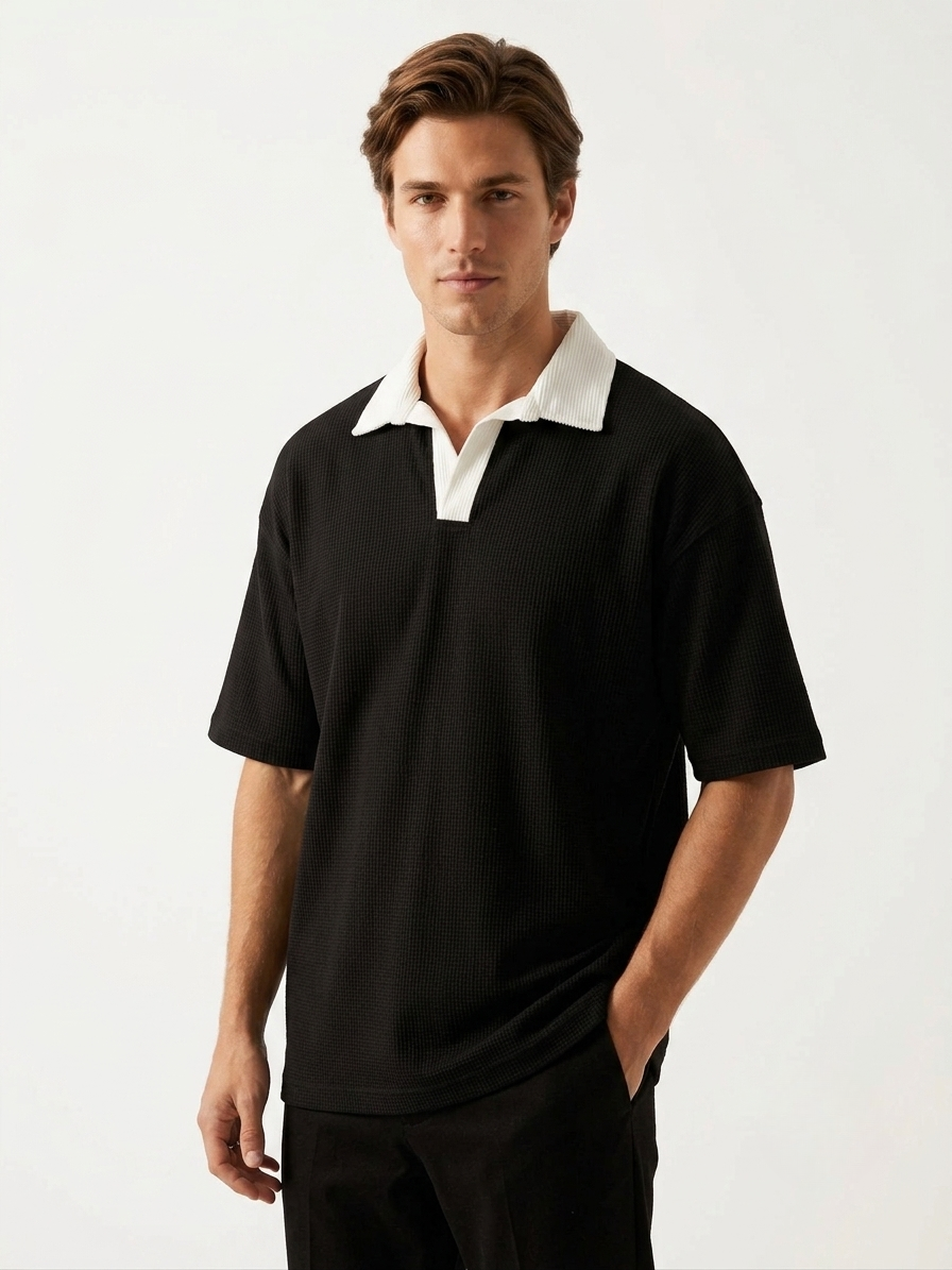 Oversized Waffle Knitted Polo - Black