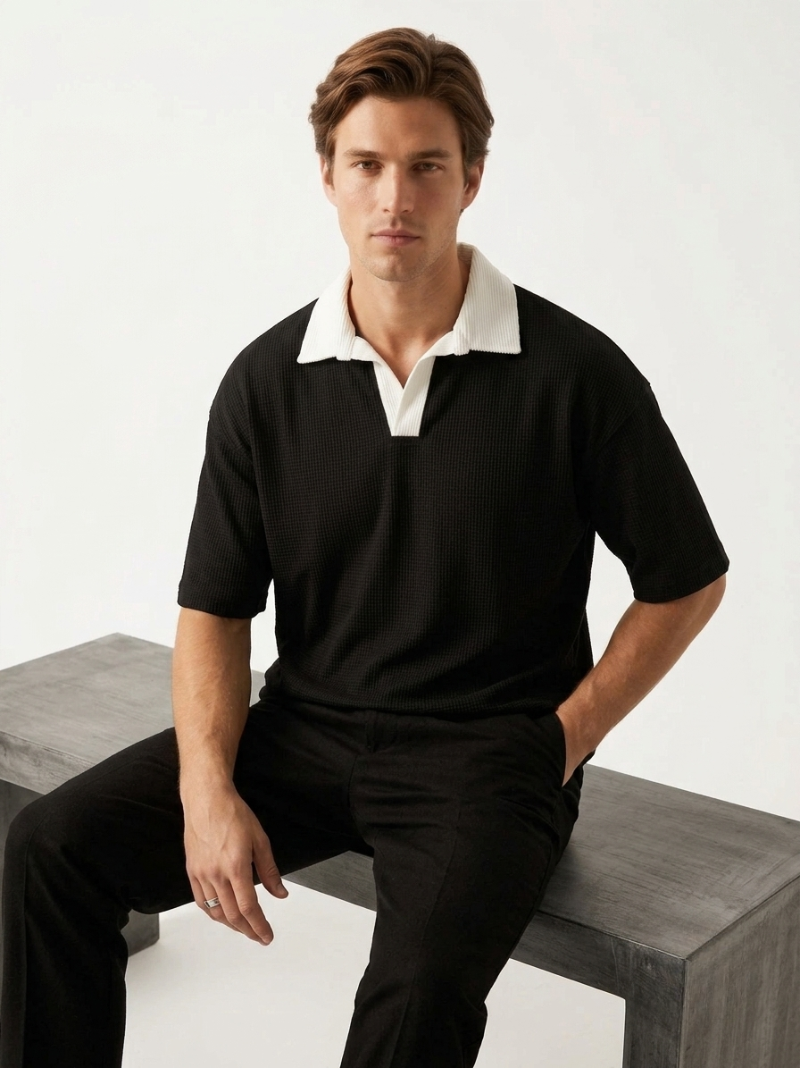 Oversized Waffle Knitted Polo - Black