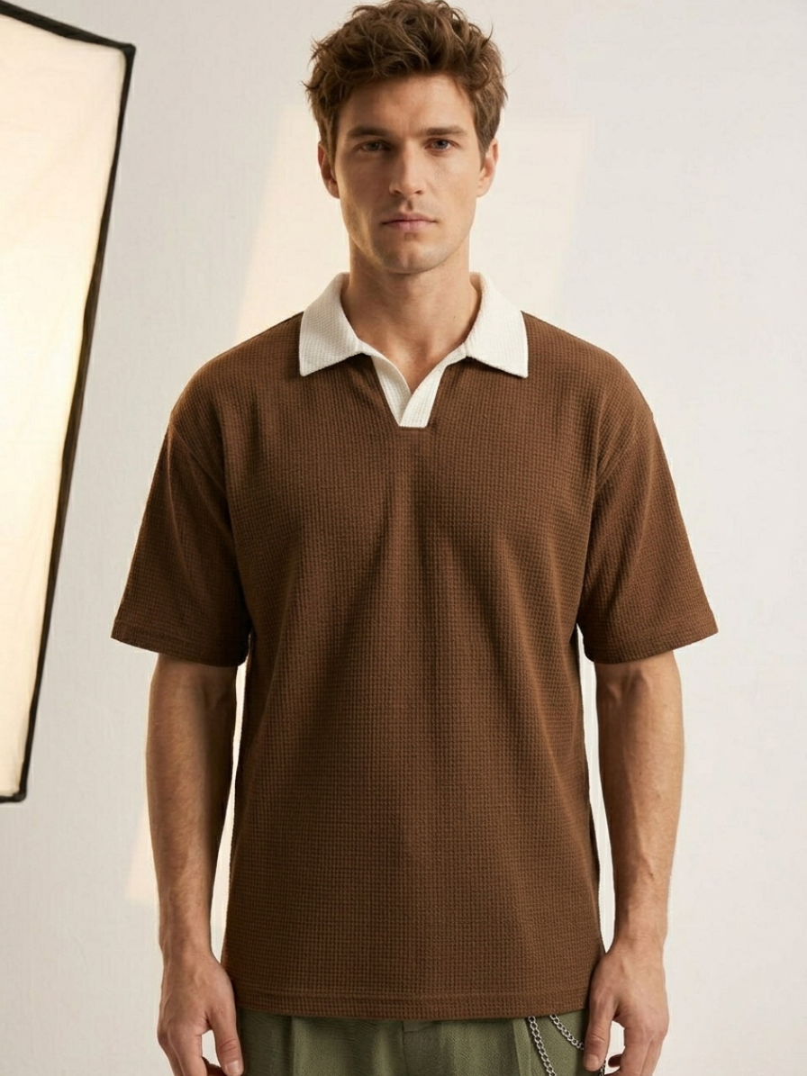 Oversized Waffle Knitted Polo - Brown
