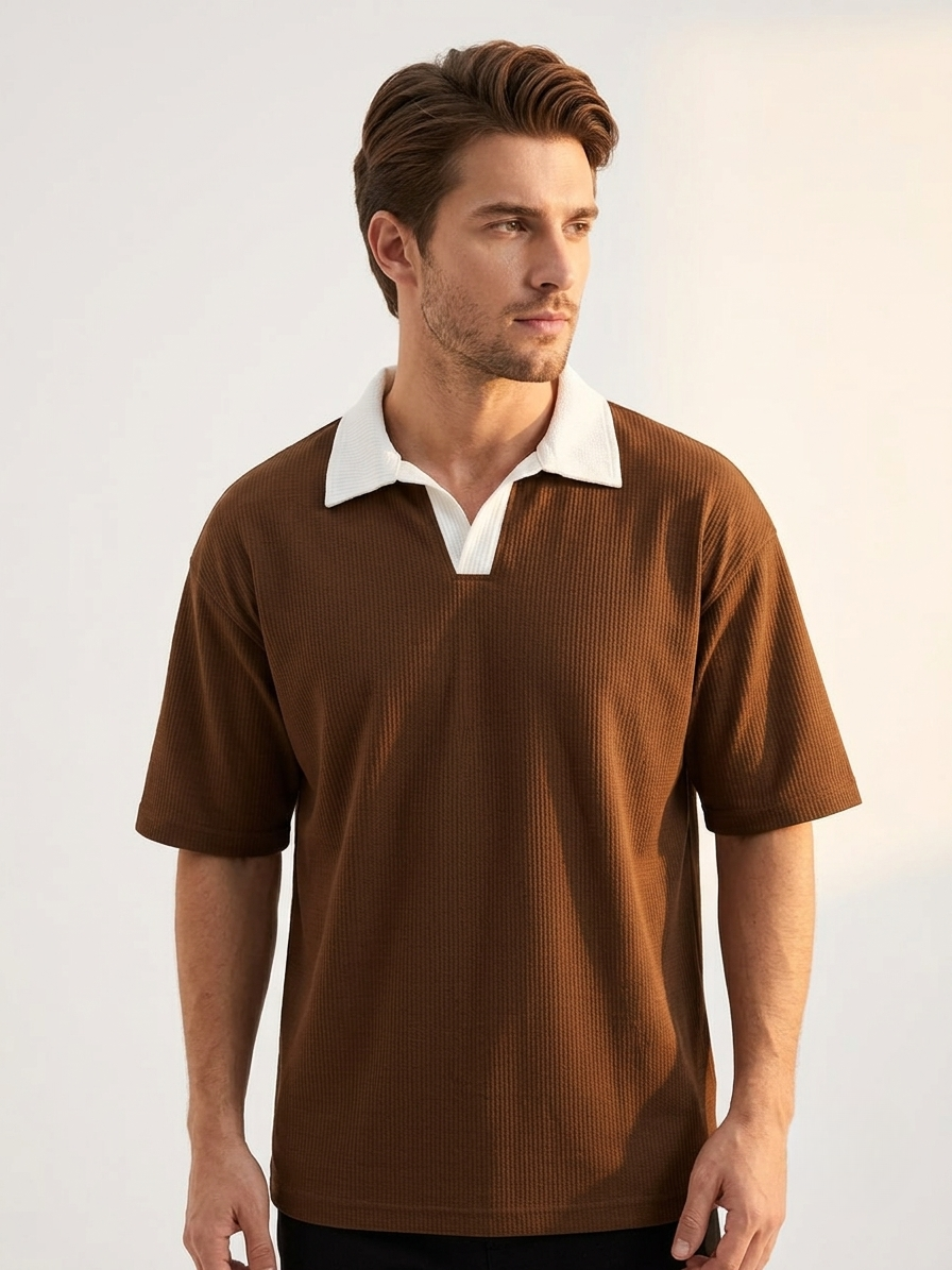Oversized Waffle Knitted Polo - Brown