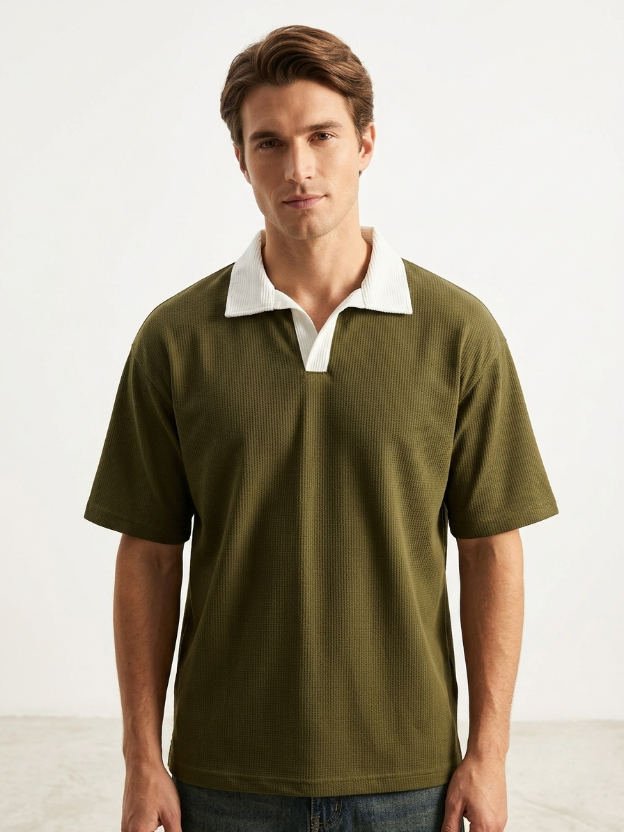 Oversized Waffle Knitted Polo - Olive