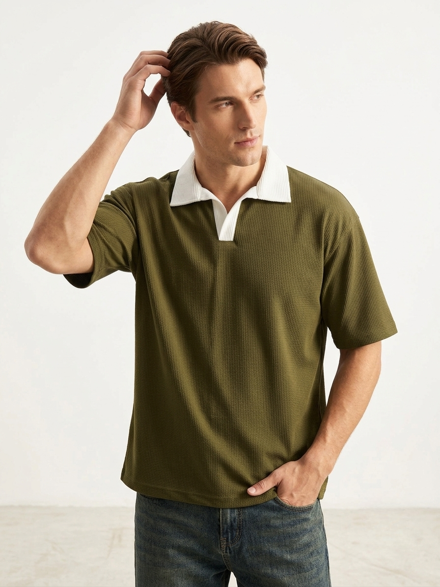 Oversized Waffle Knitted Polo - Olive