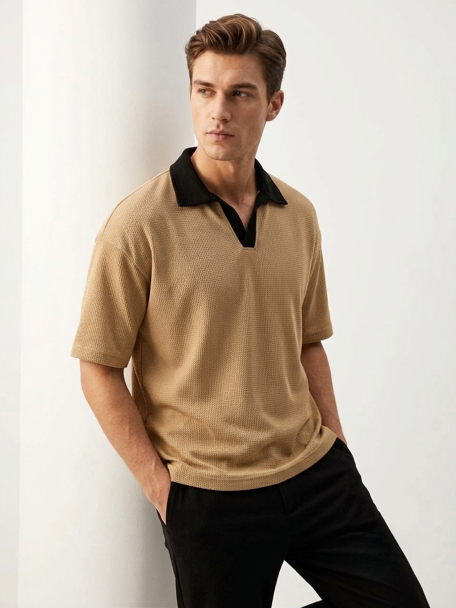 Oversized Waffle Knitted Polo - Beige