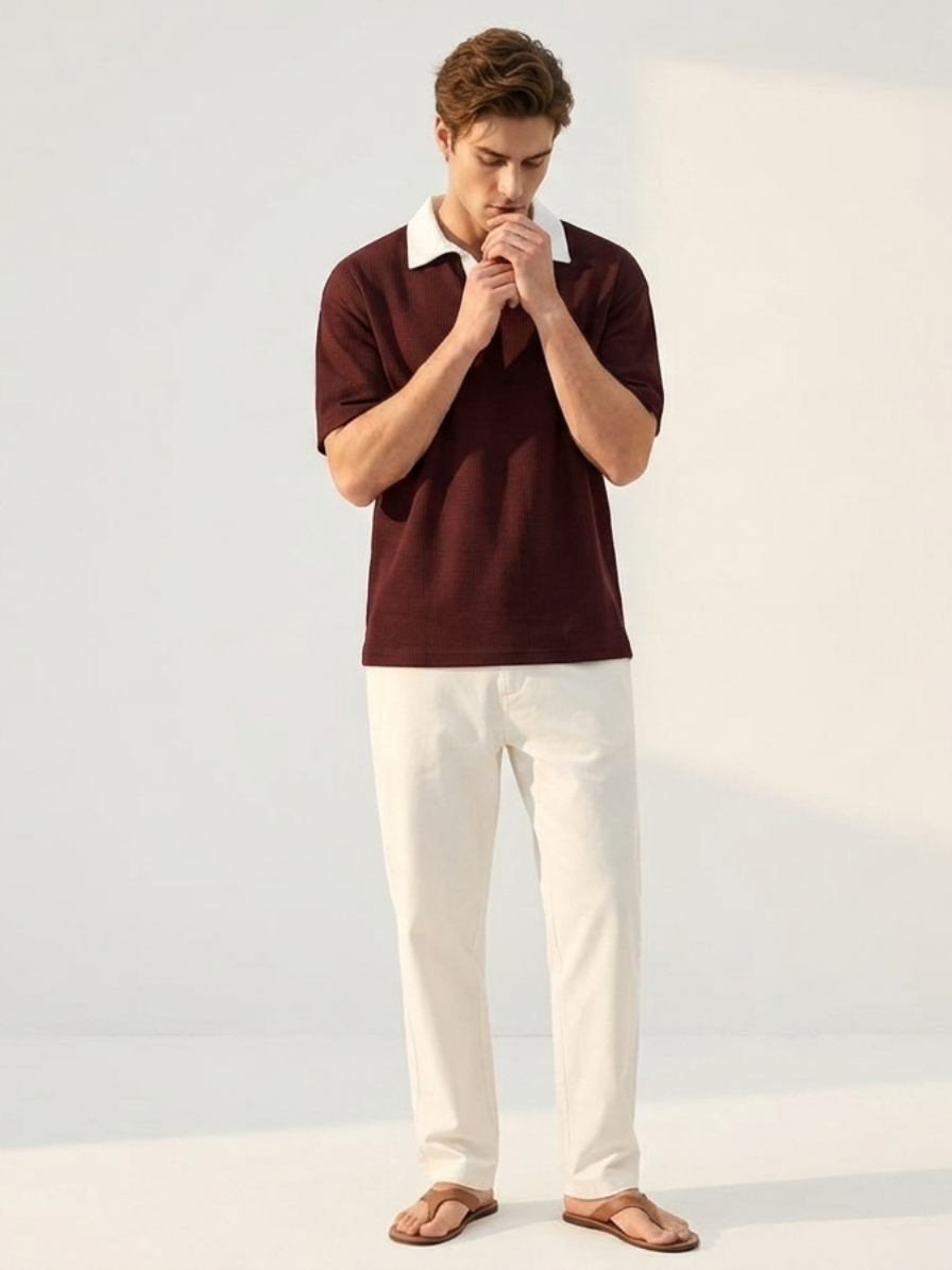 Oversized Waffle Knitted Polo - Maroon