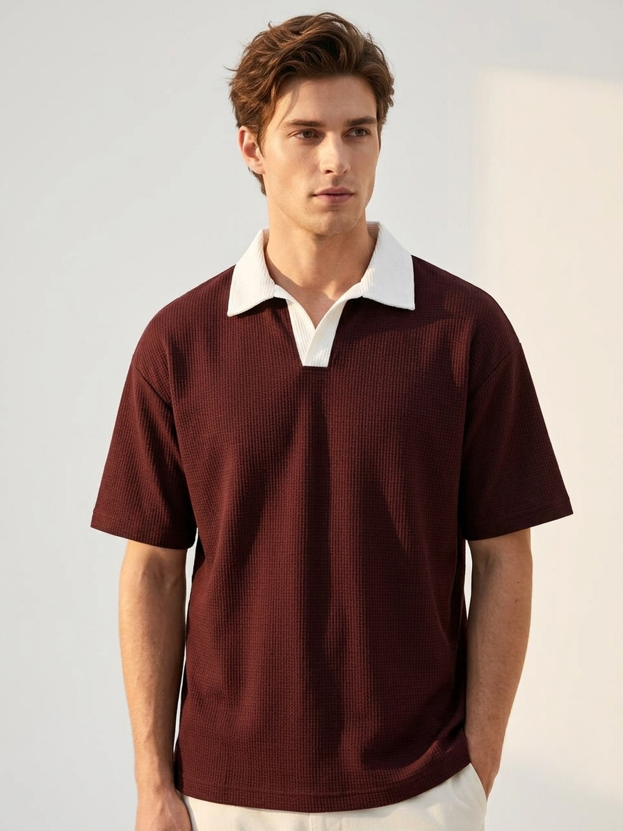 Oversized Waffle Knitted Polo - Maroon