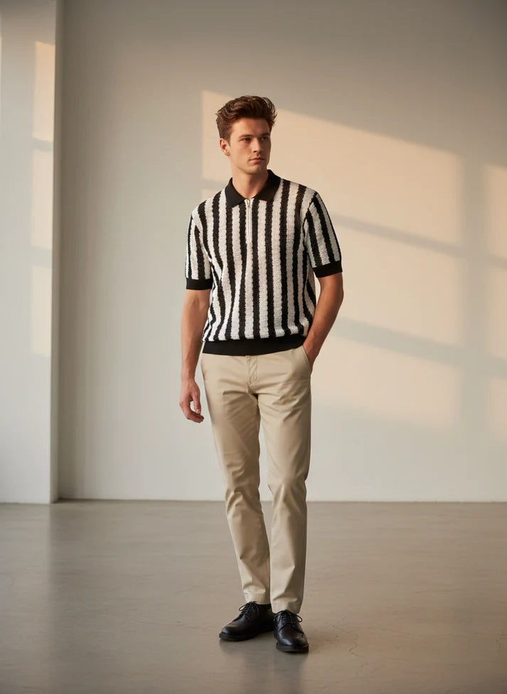 Knitted Wavy Stripes Polo - Zipper Collar