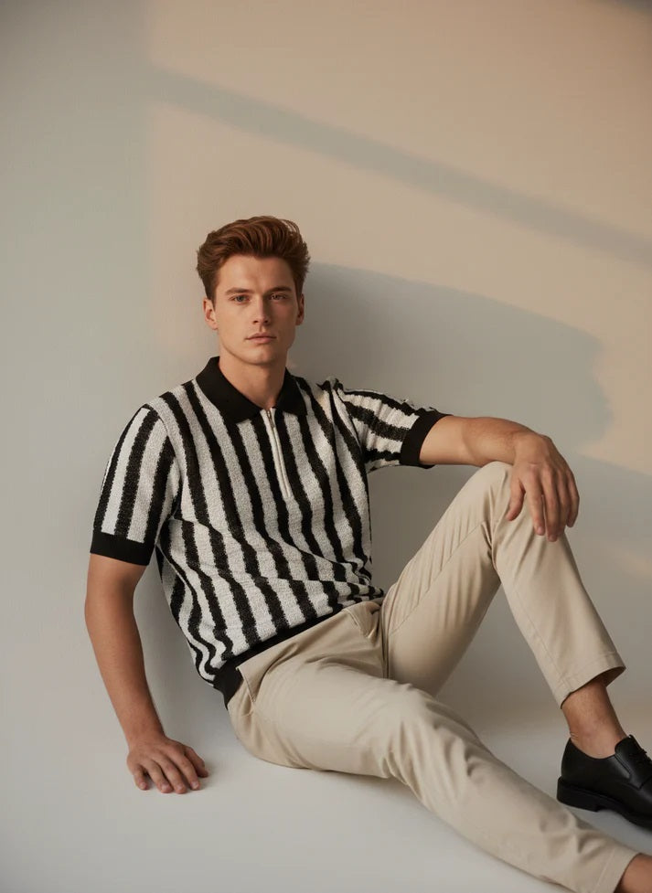 Knitted Wavy Stripes Polo - Zipper Collar